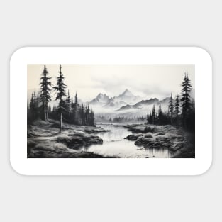 A Landscape with a River, Trees and Mountains Sticker